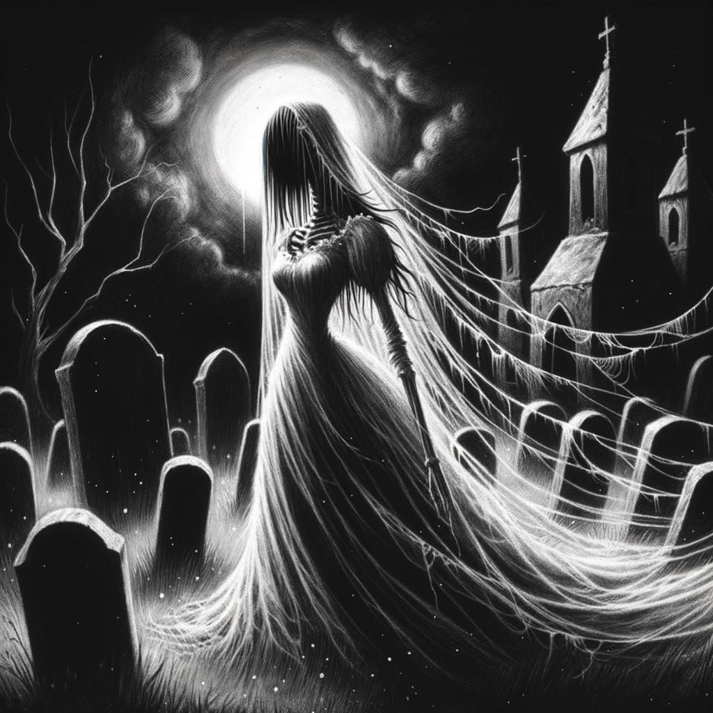 Ethereal Bride in Moonlit Gothic Cemetery