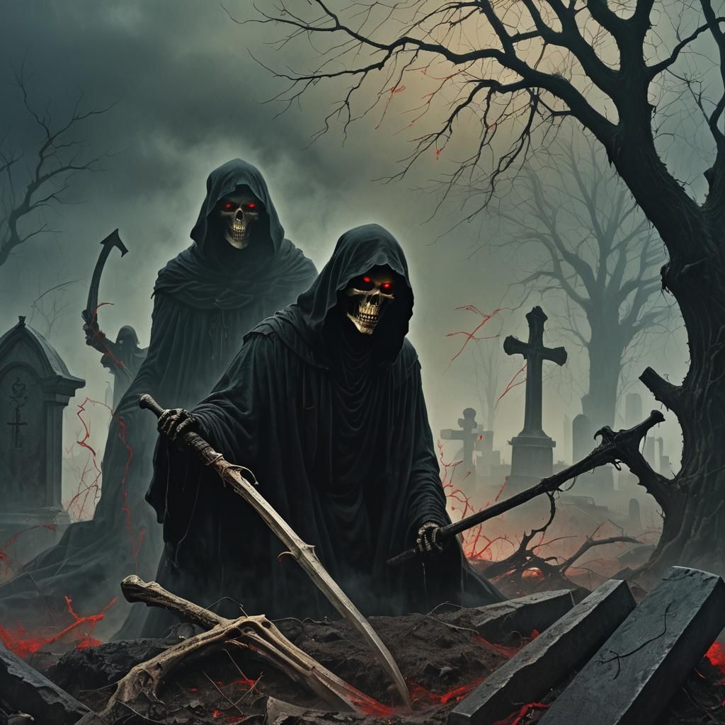 Grim Reaper Emerges in Dark Fantasy Graveyard