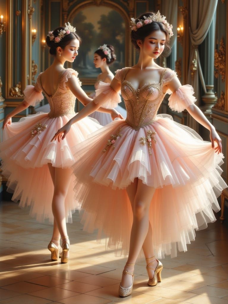 Rococo Ballerinas in Pale Pink Tutus Dancing in an Ornate Ha...