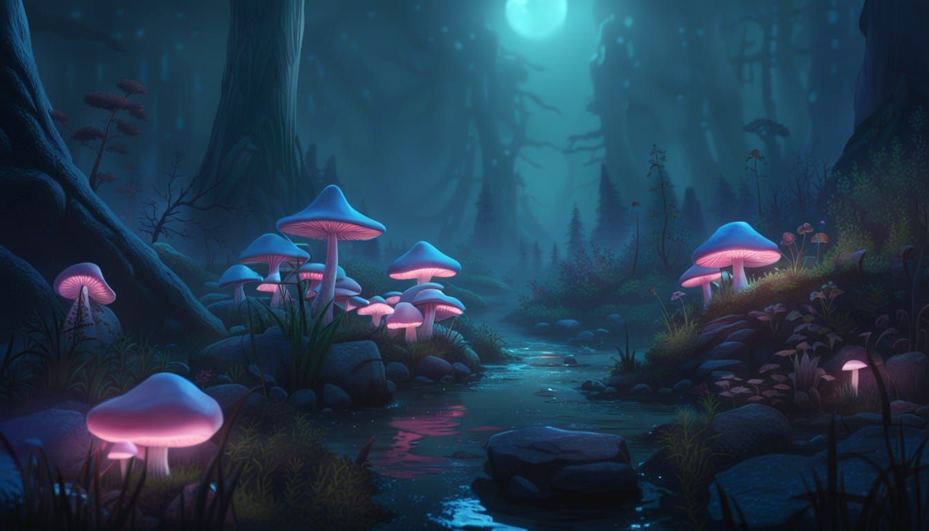 Eerie Mushroom Village in Dark Fantasy Style