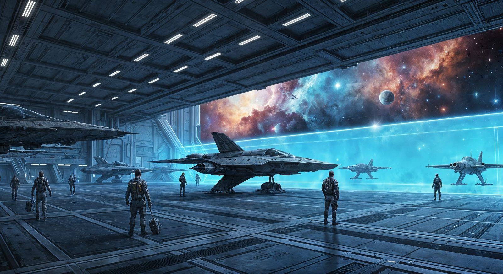 Sci-Fi Starfighter Hangar with Cosmic Views