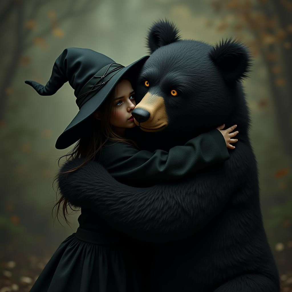 Enchanting Witch and Bear Portrait in Photorealistic Style