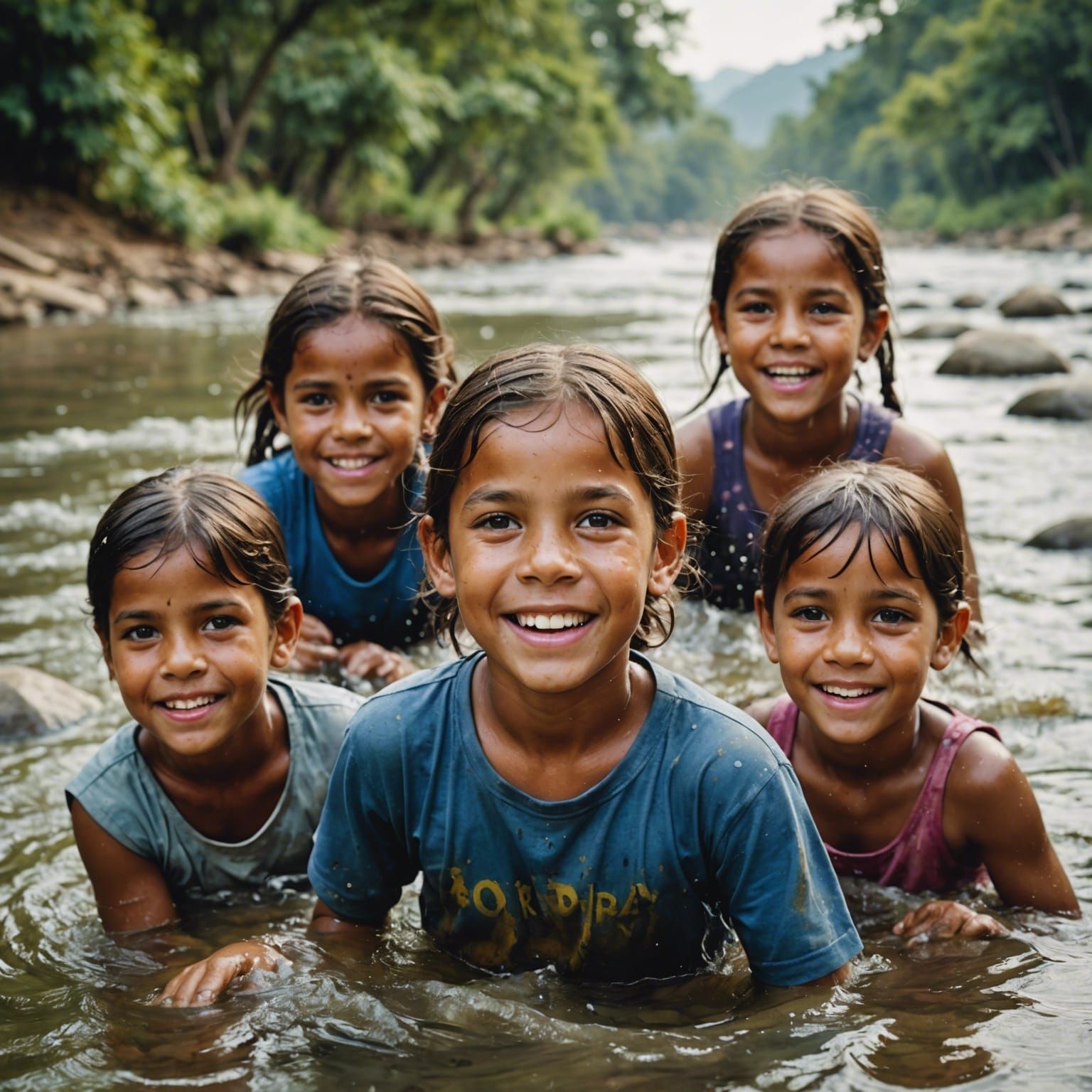 Watercolor Portrait of Children Playing in River