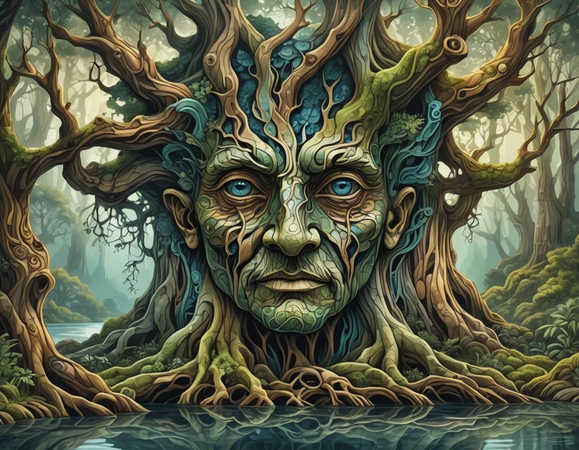 Enchanted Forest: Old Face Emerges in Abstract Vector Art