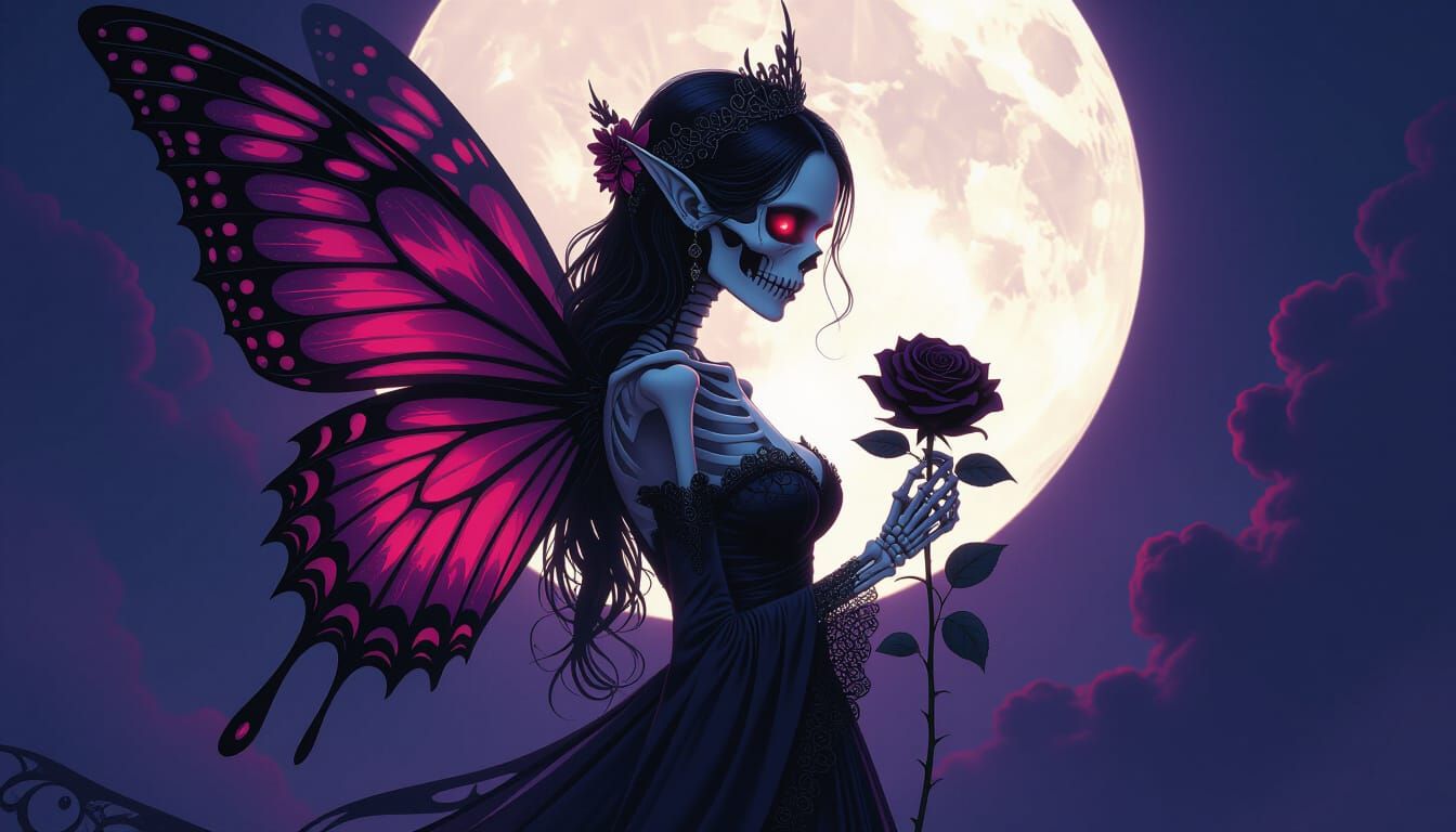 Skeletal Faerie with Butterfly Wings and Black Rose