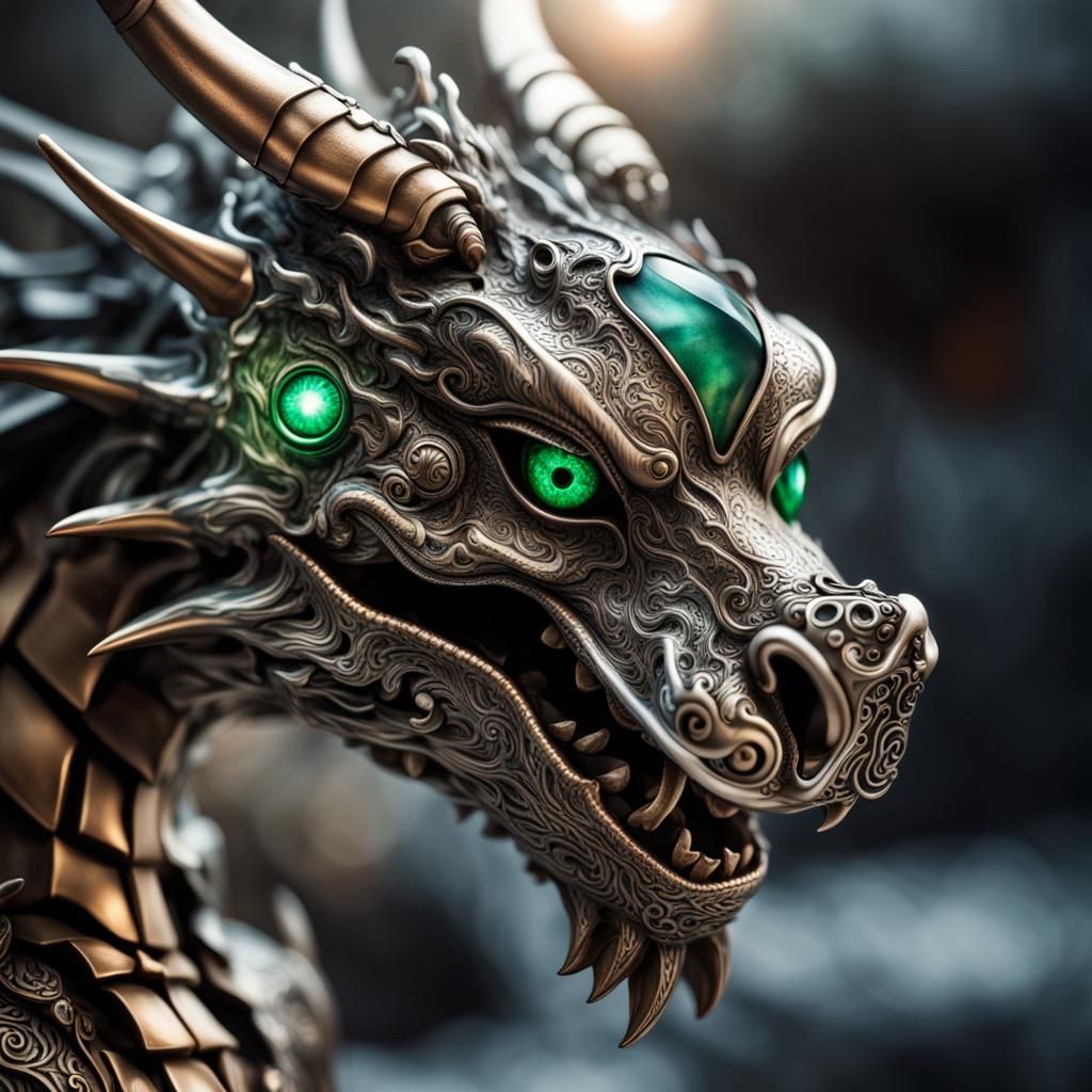 Robotic Emerald-Eyed Dragon in Bronze and Silver