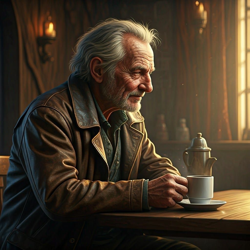 Gnarled Old Man Sips Coffee in Morning Tavern Scene