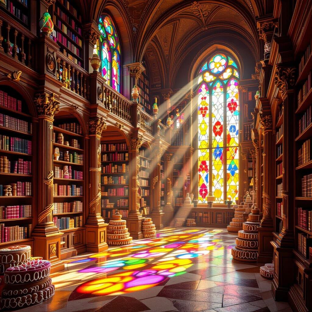 Ancient Gingerbread Library with Candy Windows