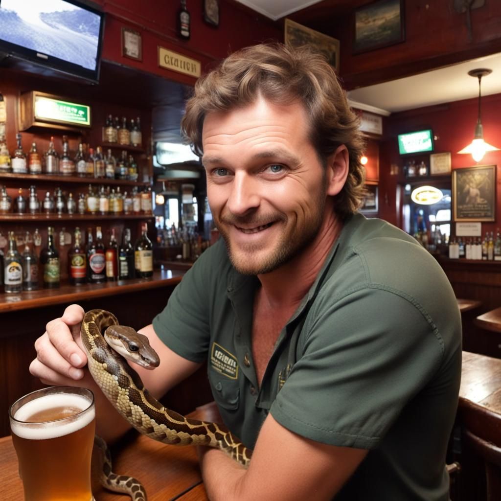 Australian Man and Venomous Snake in Outback Pub