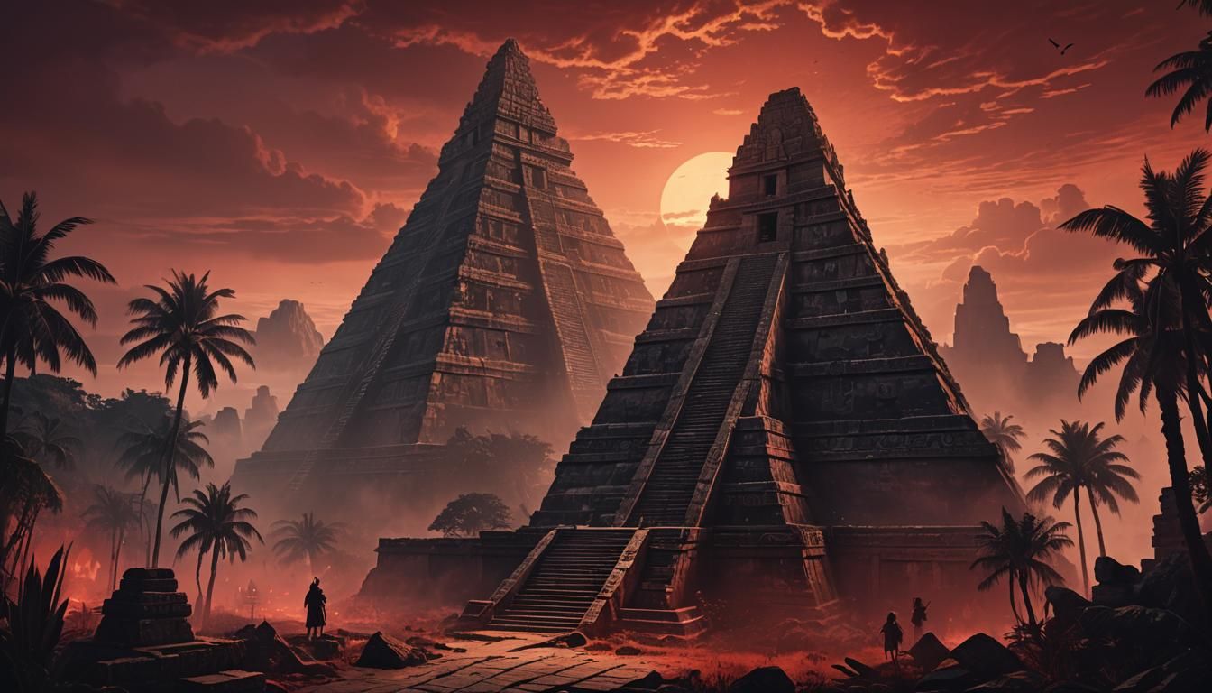 Ancient Aztec Temple Pyramid in Dark Fantasy Atmosphere