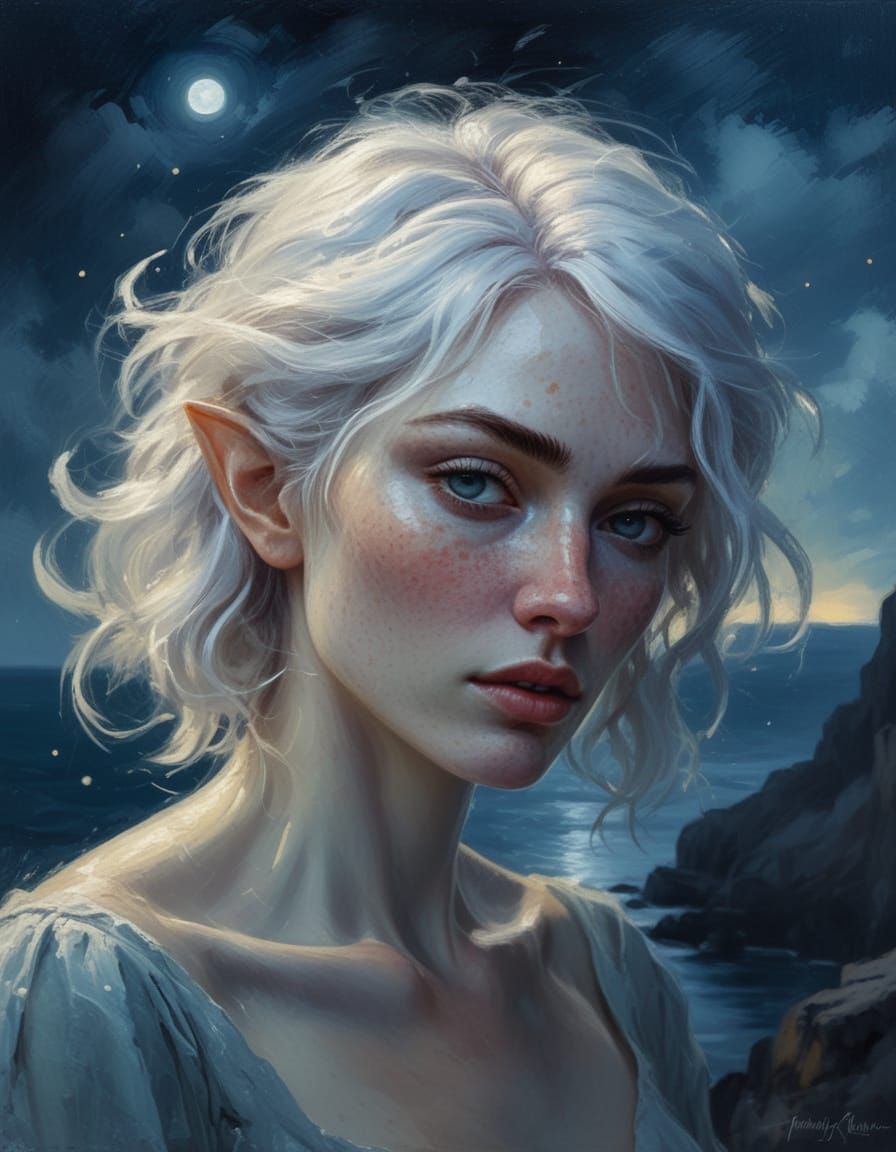 Elf Woman on Cliff Edge at Night: Impressionist Masterpiece