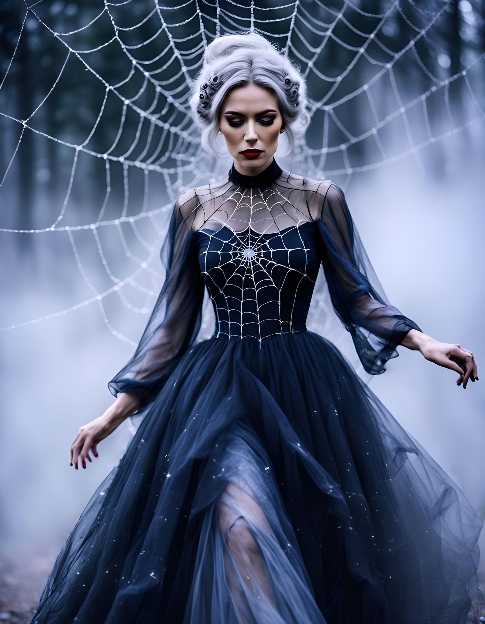 Ethereal Woman in Spider Web Dress