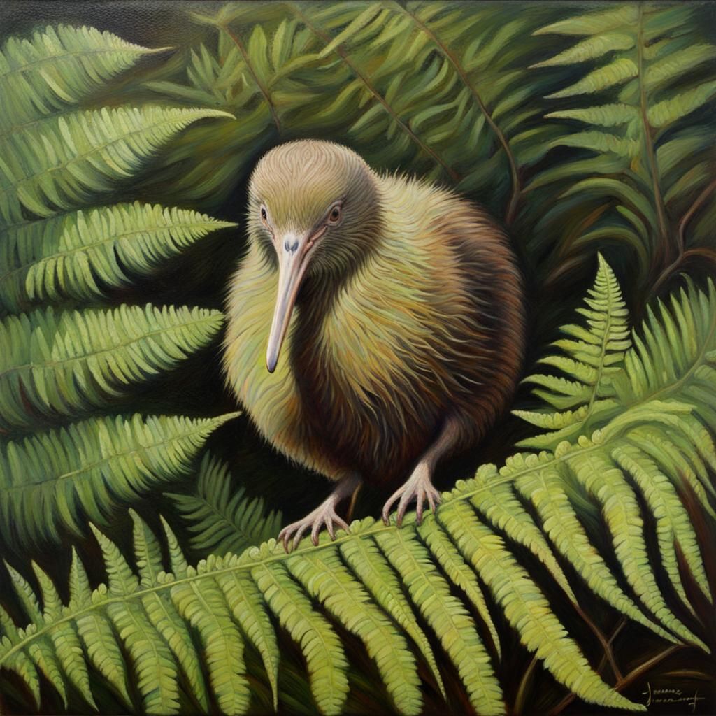Kiwi Bird in Bush, Oil Painting
