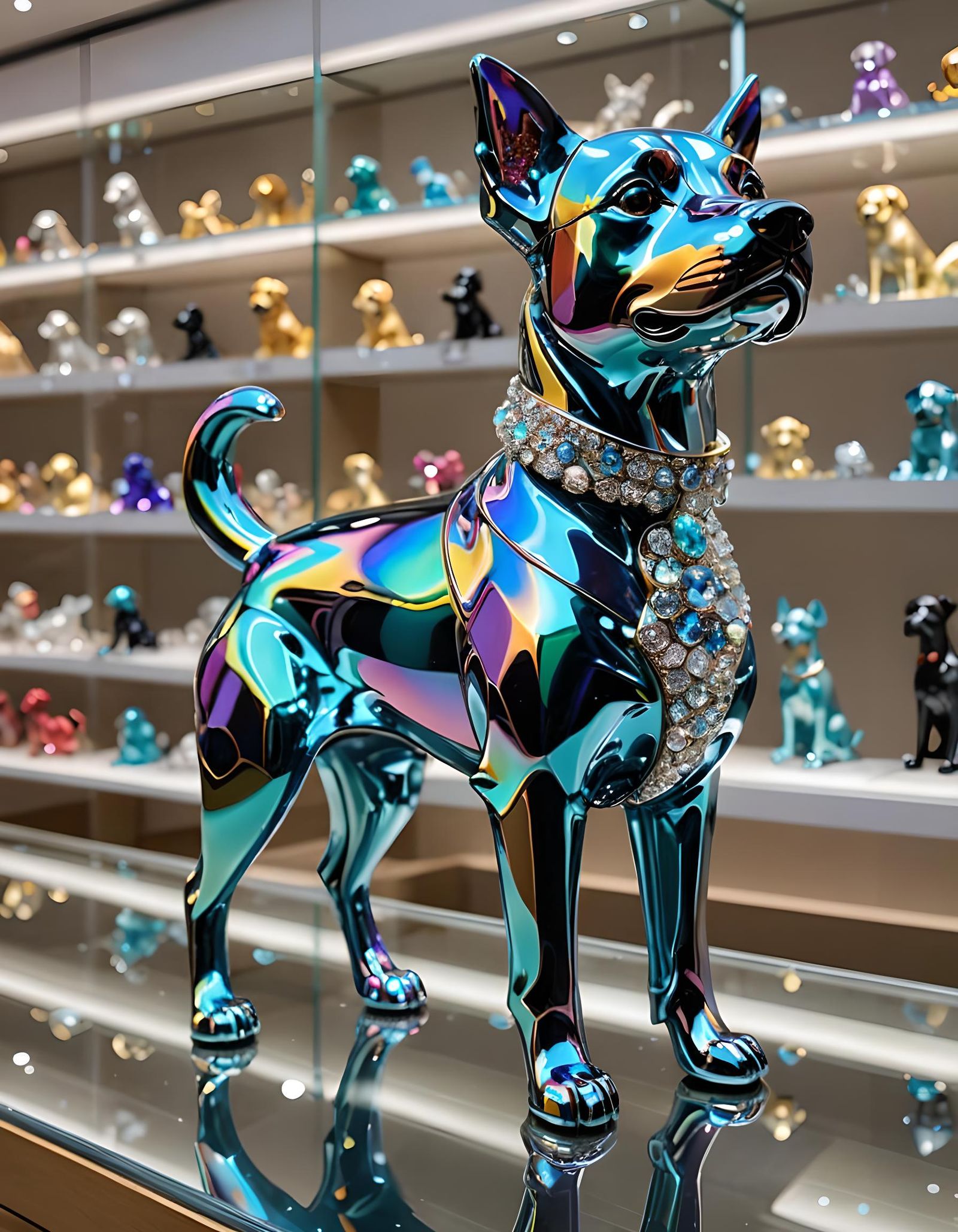 Iridescent Enamel Dog Figurine in a Store