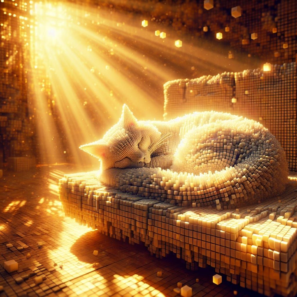 Surreal Cubic Cat in Slumber, Surrounded by Warm Golden Ligh...