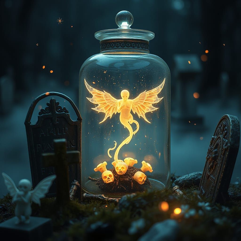 Mysterious Apothecary Jar in a Haunting Cemetery Scene