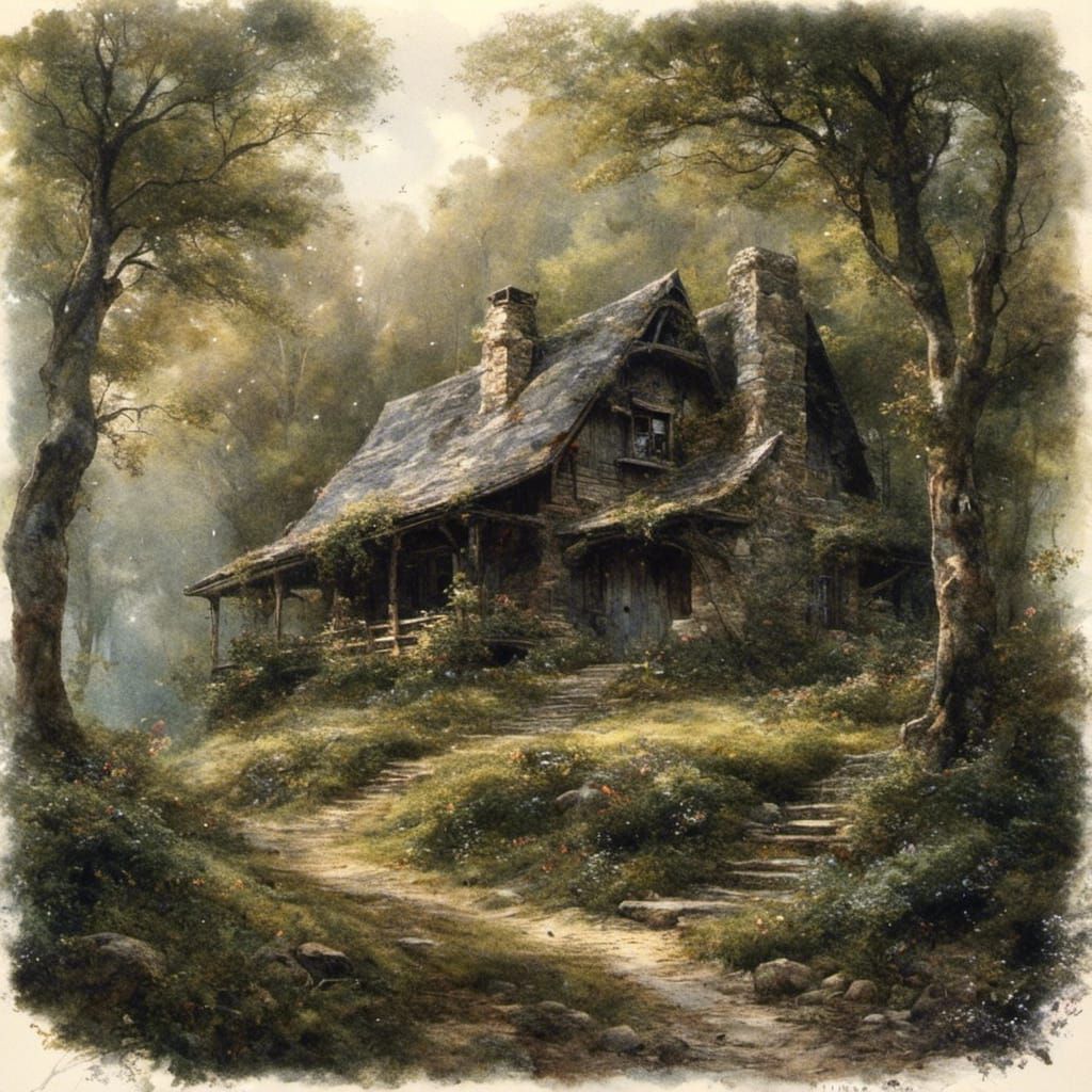 Cozy Cabin in Dark Fantasy Forest