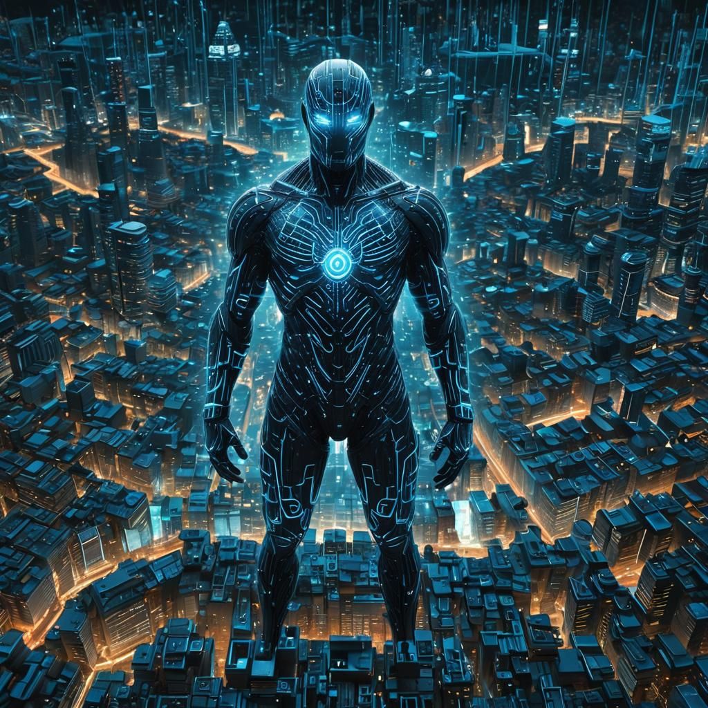 AI MAN in Cyberpunk Style Oversees Digital City