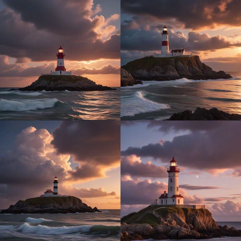 Baroque Lighthouse on Island Under Moonlight Sunset Sky
