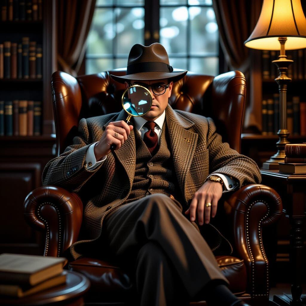 Armchair Detective in Noir Style with Magnifying Glass
