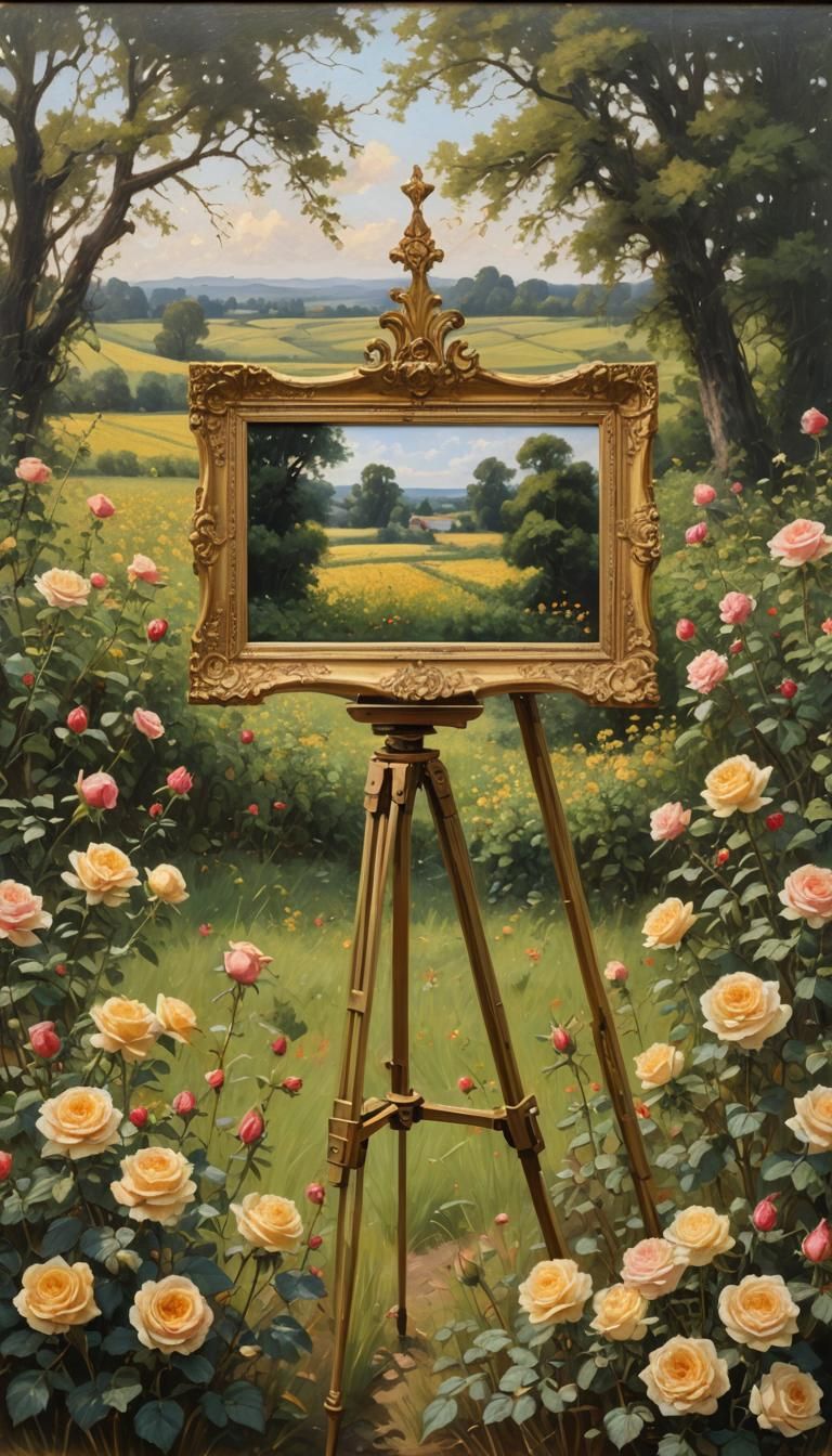 Rose Field Oil Painting in Gold Frame