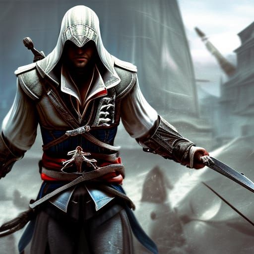 Assassin's Creed Warrior with Sword in Detailed Painting