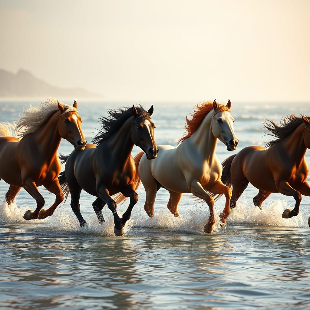 Majestic Horses Gallop Through Shallow Water in Golden Hour