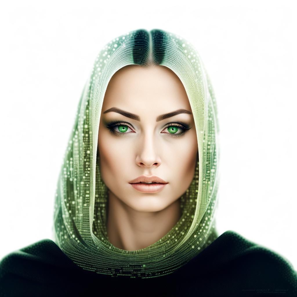 Mysterious Woman in Matrix Style Binary Starscape