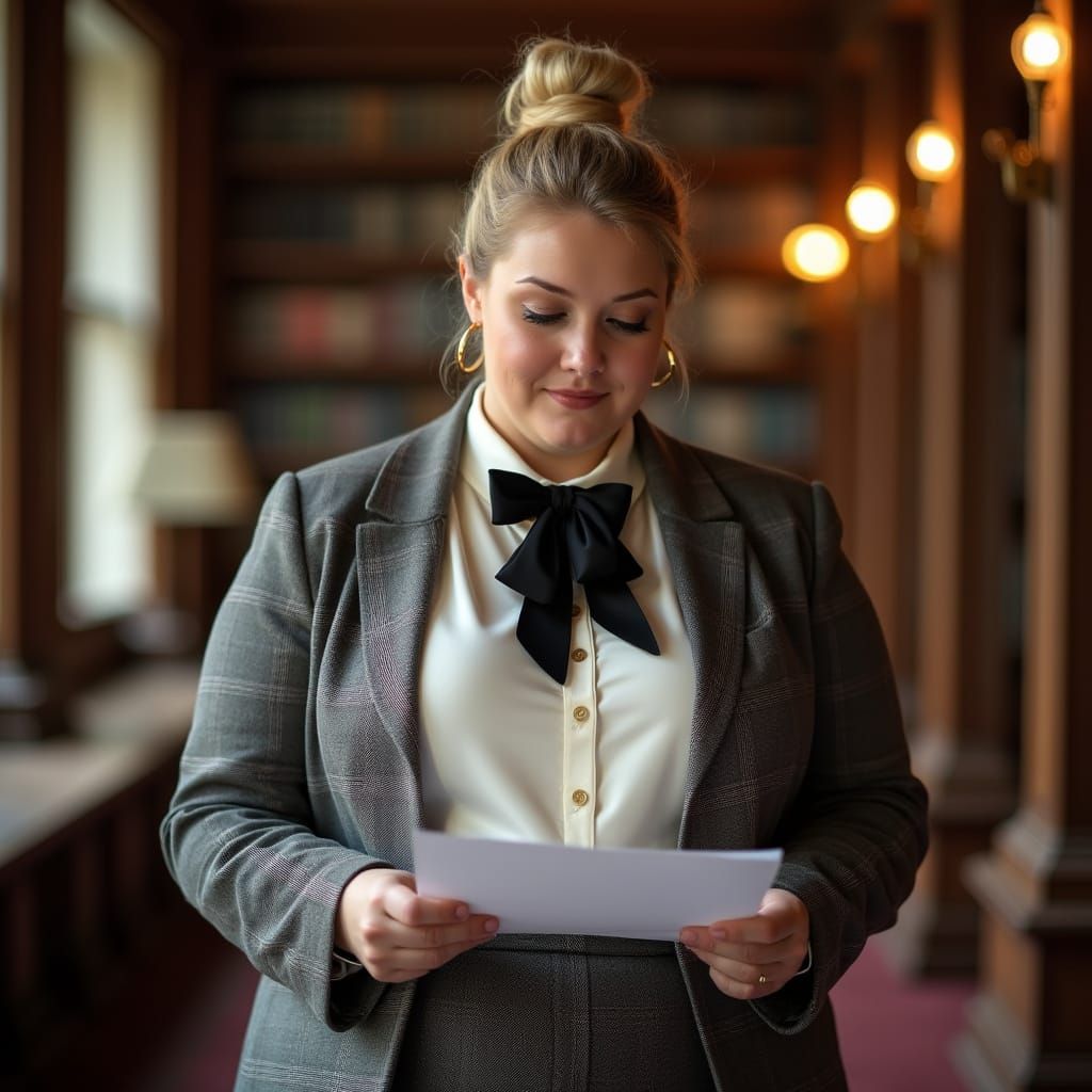 Nordic News Reporter in Elegant Library at Sunset