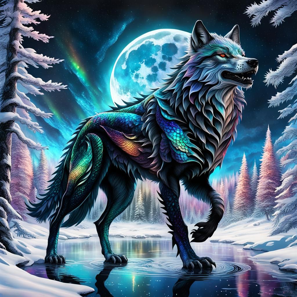 Rainbow Scaled Dragon-Wolf Soaring Over Winter Forest