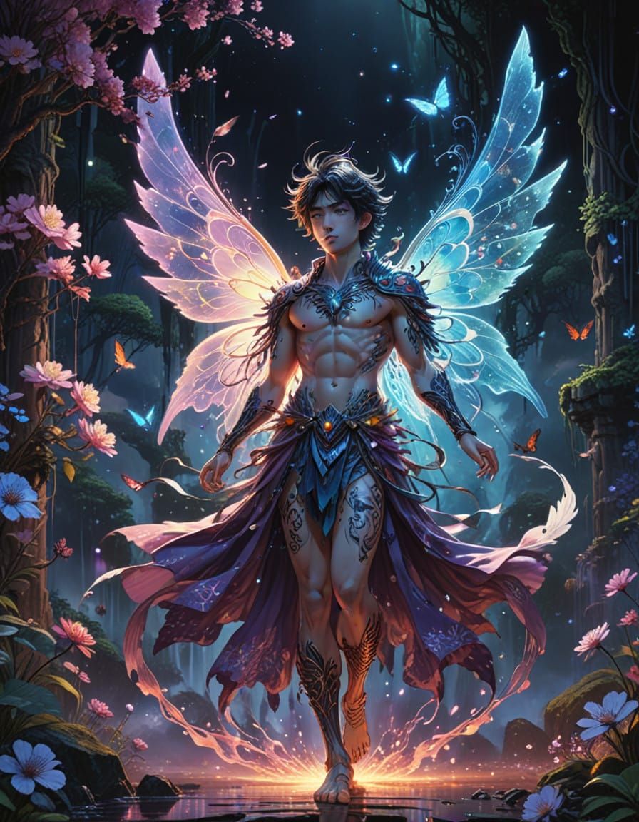 Surreal Anime Fairy with Tribal Tattoo Robe and Moth Wings