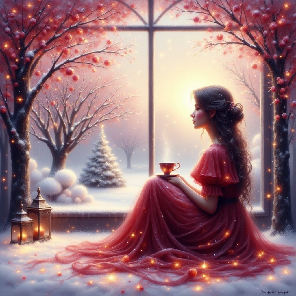 Dreamy Watercolor Woman Gazing at Snowy Window