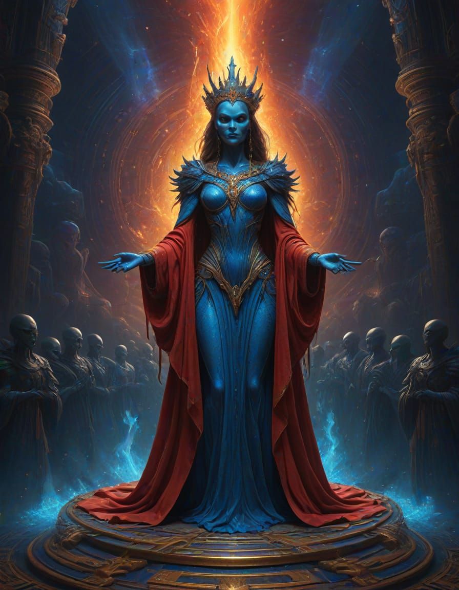 Ghost Queen on Stage Amidst Alien Audience in Blue Fire