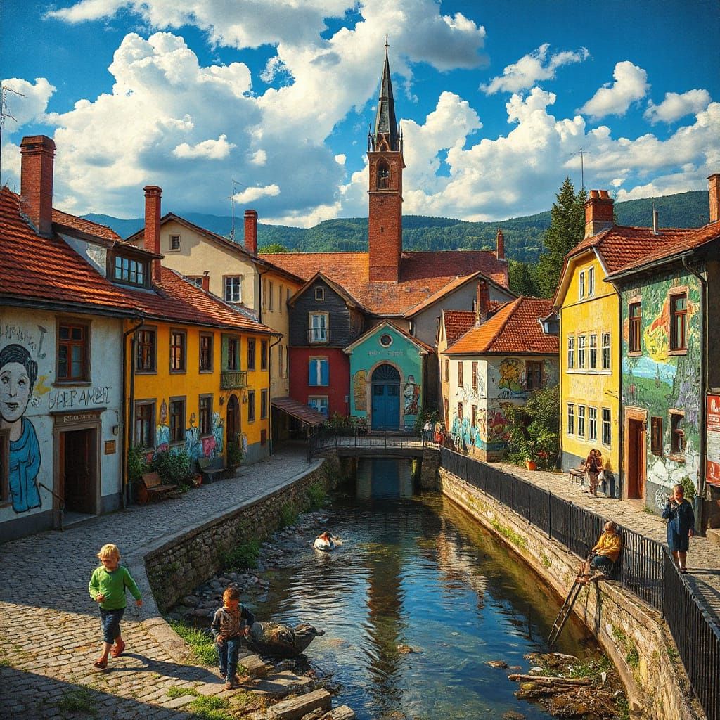 Colorful Mural Village with River, Photorealistic Detail