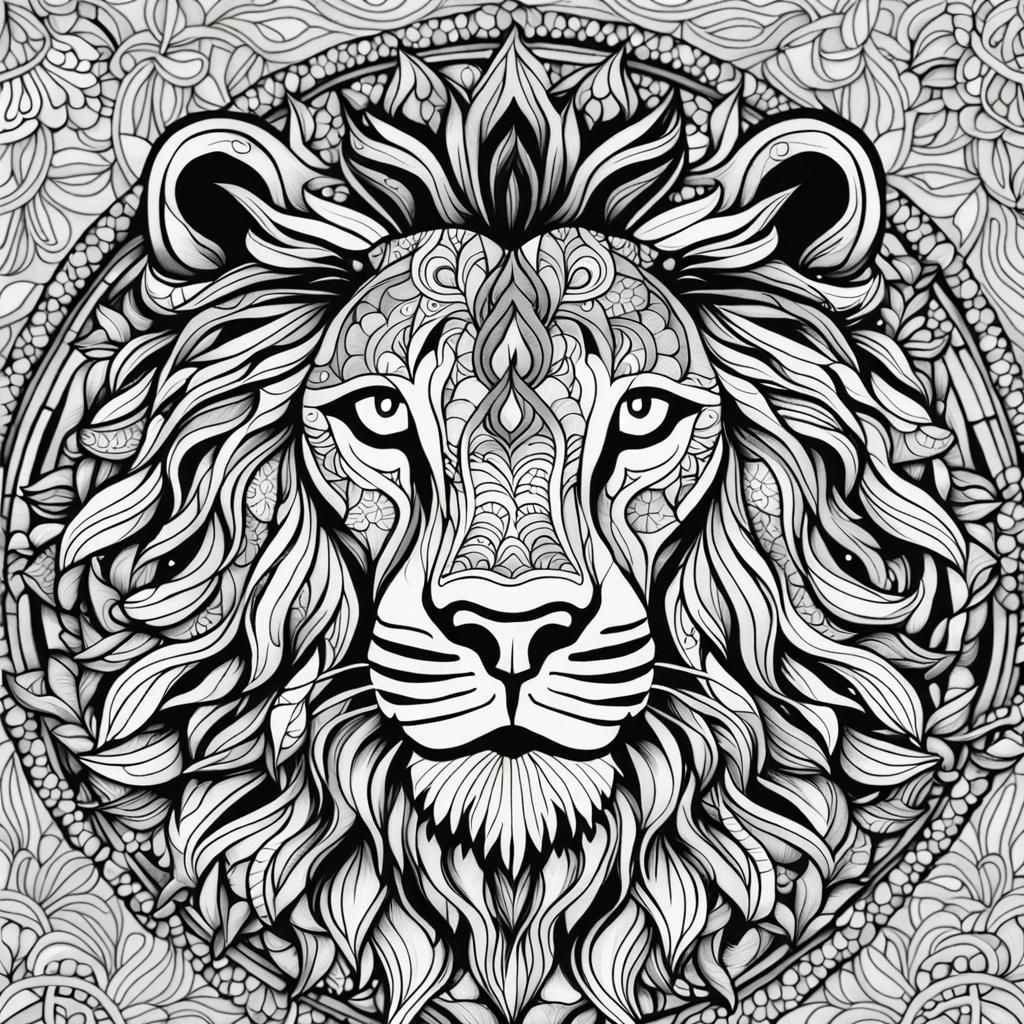 Intricate Lion Mandala Coloring Page in Black Ink