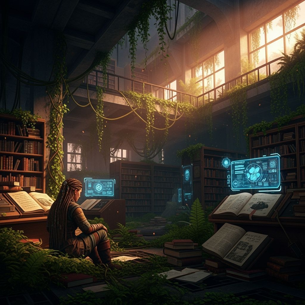 Overgrown Library with Holographic Displays at Sunset