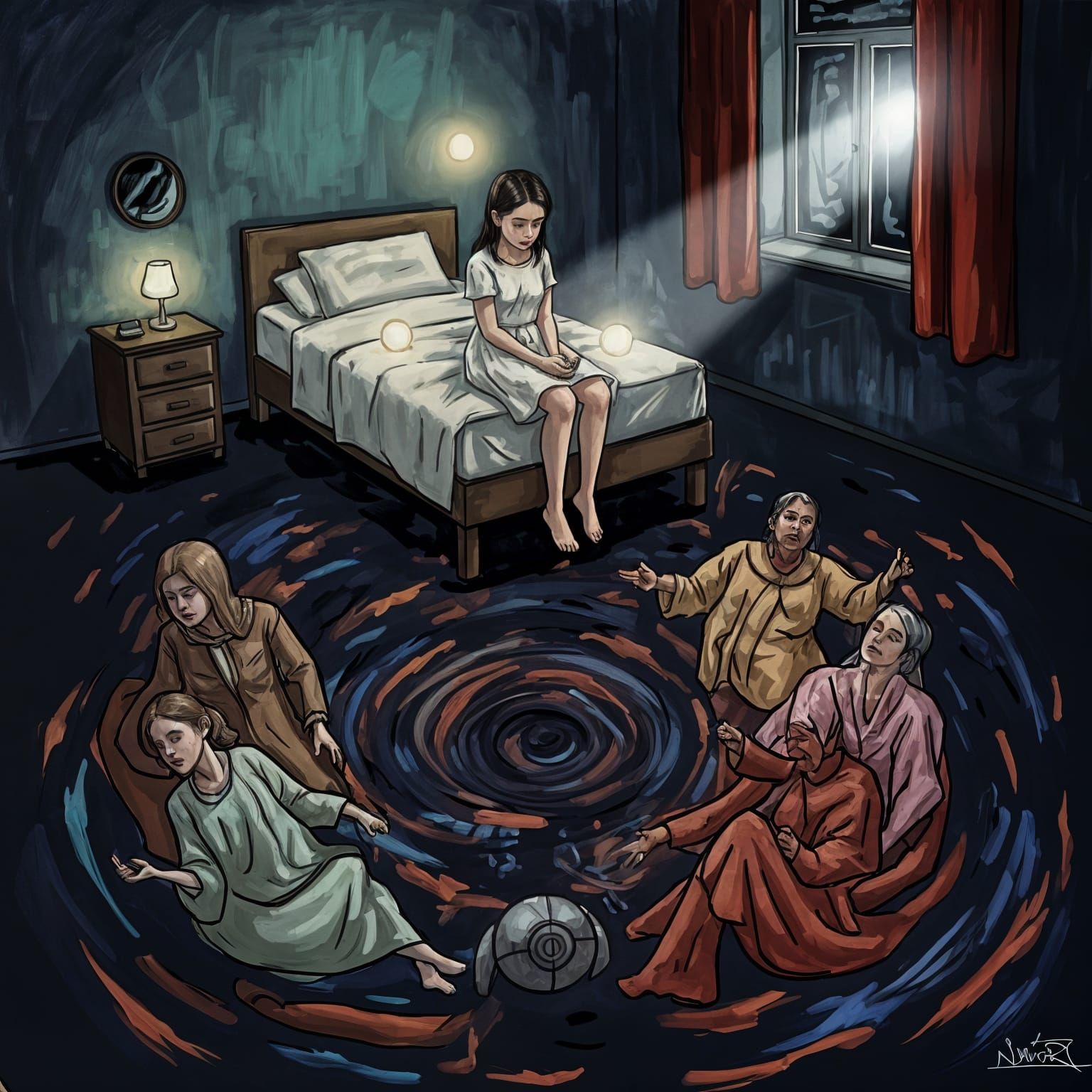 Emotional Scene of Girl Contemplating Chaotic World