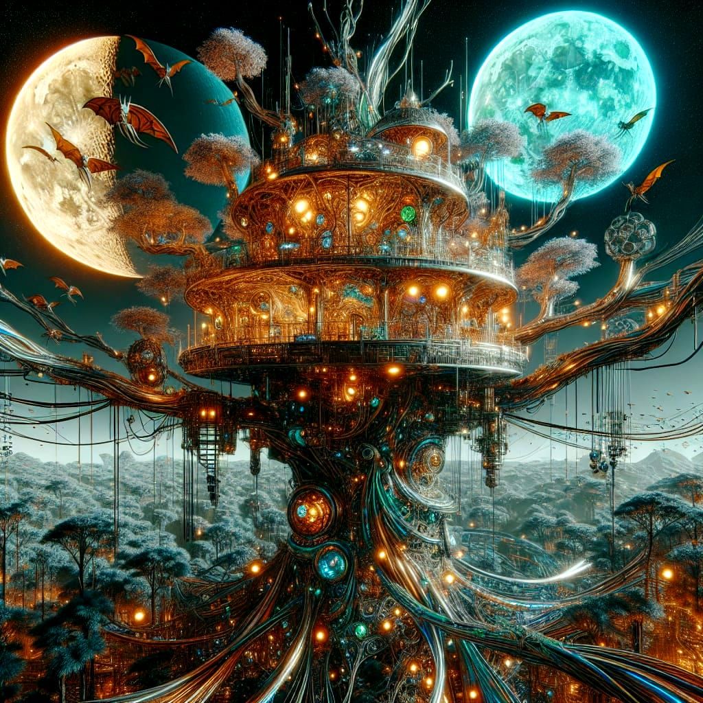 Cyberpunk Treehouse on Alien Planet with Dual Moons