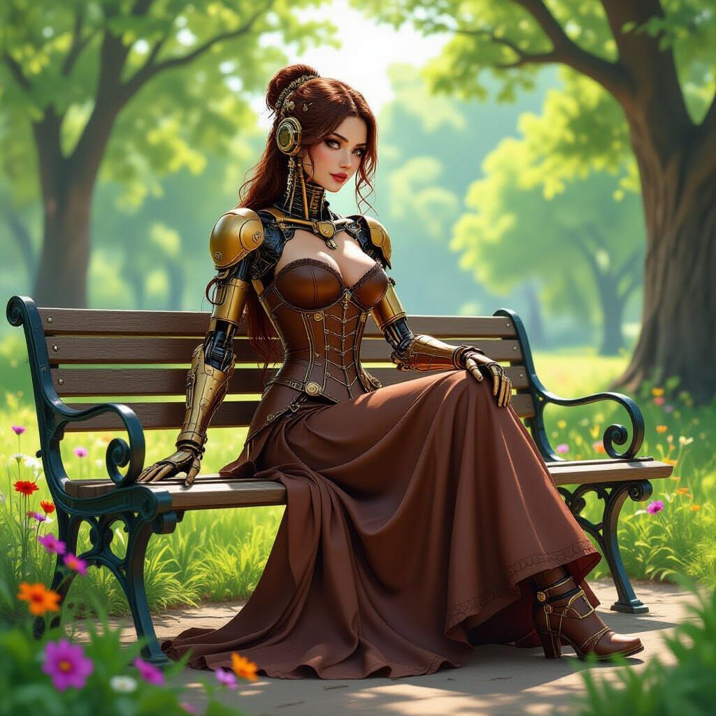 Steampunk Android on Park Bench Amidst Nature
