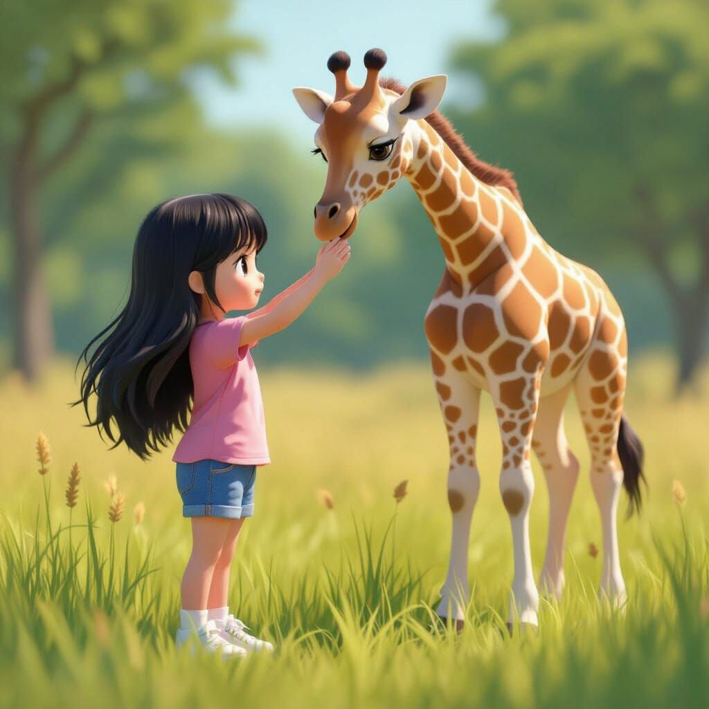 Girl Pats Giraffe in Vibrant 3D Anime Style