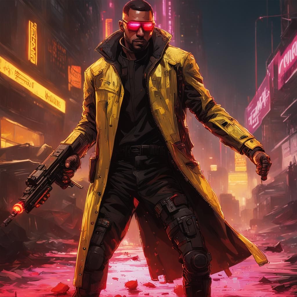 Golden Cyborg Gunslinger in Cyberpunk Neon City