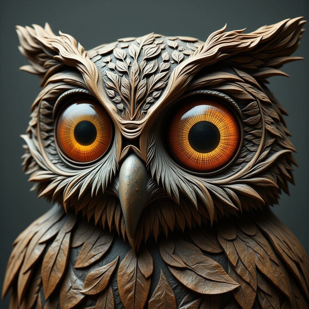 Surreal Owl with Sunflower Eyes on Concrete Perch