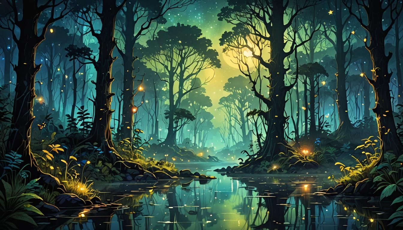 Bioluminescent Fantasy Forest Ink Portrait