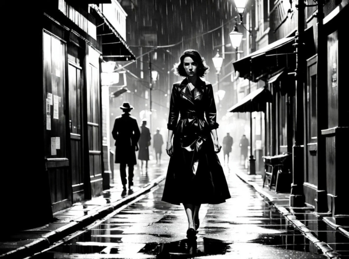 Black Midi Dress in Film Noir Alleyway