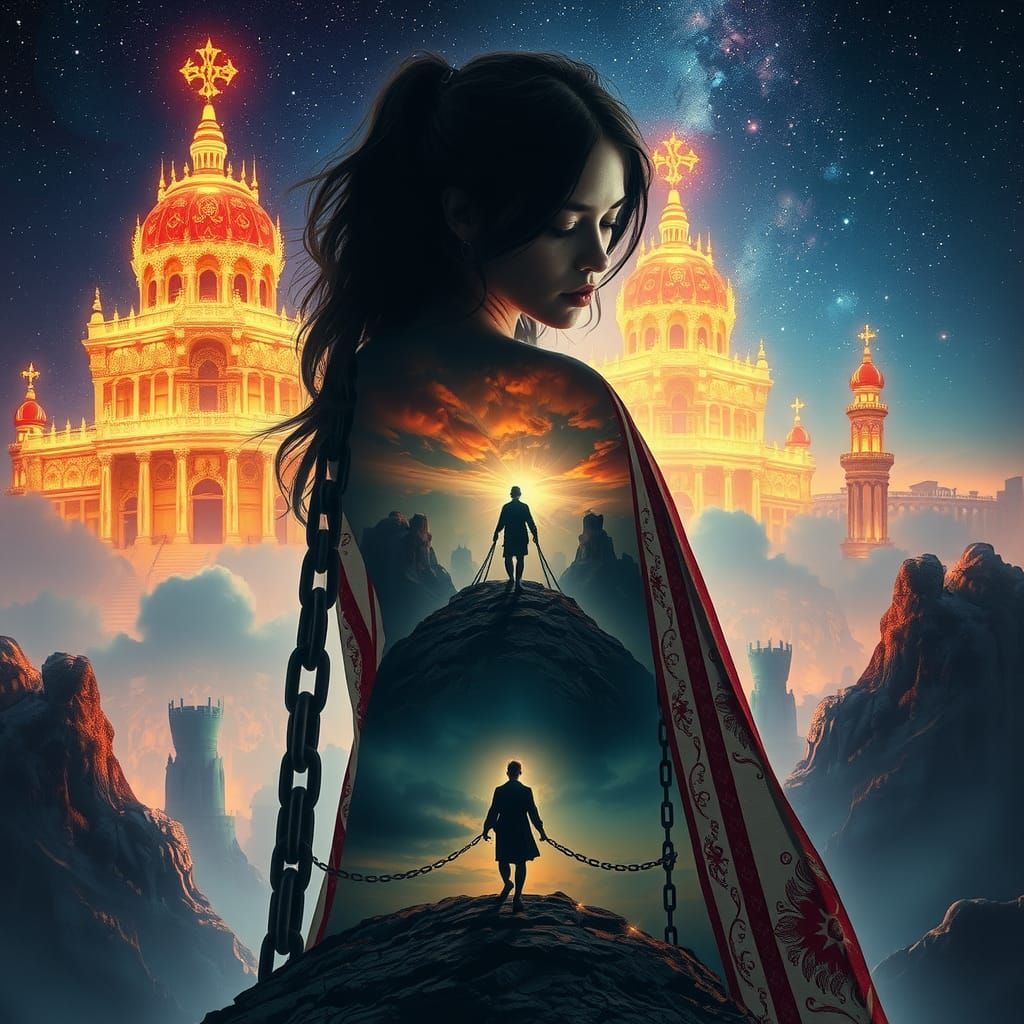 Enigmatic Woman in Starry Double Exposure Portrait