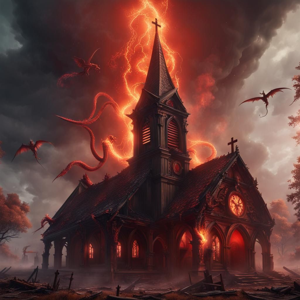 Demon Hybrid Destroys Church in Apocalyptic Art