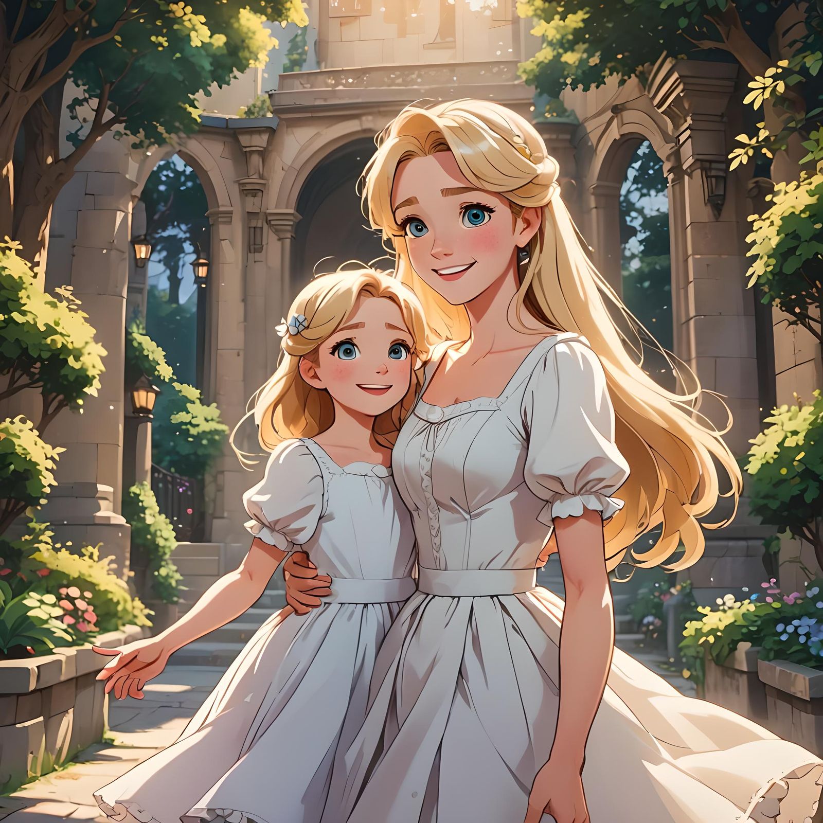 Disney-Style Mother and Daughter in White Dresses