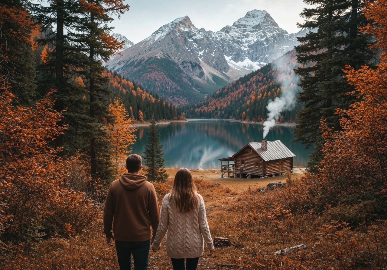 Couple Walks Through Autumn Forest to Lakeside Cabin