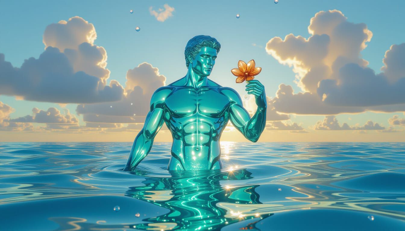 Transparent Glass Man Above Emerald Sea Under Crystal Clouds