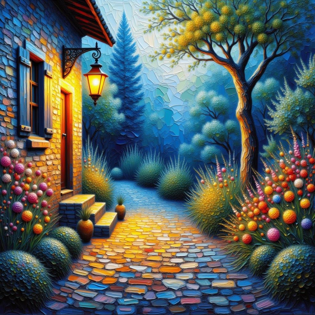 Lantern Glow on Cobblestone Path with Wildflowers
